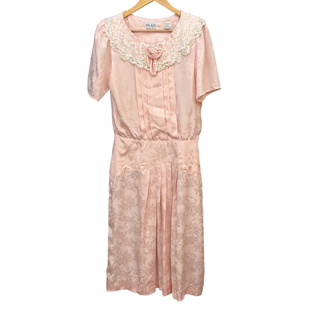 Vintage 80's 90's Nilani Pink Jacquard Dress Cottagecore Coquette Romantic